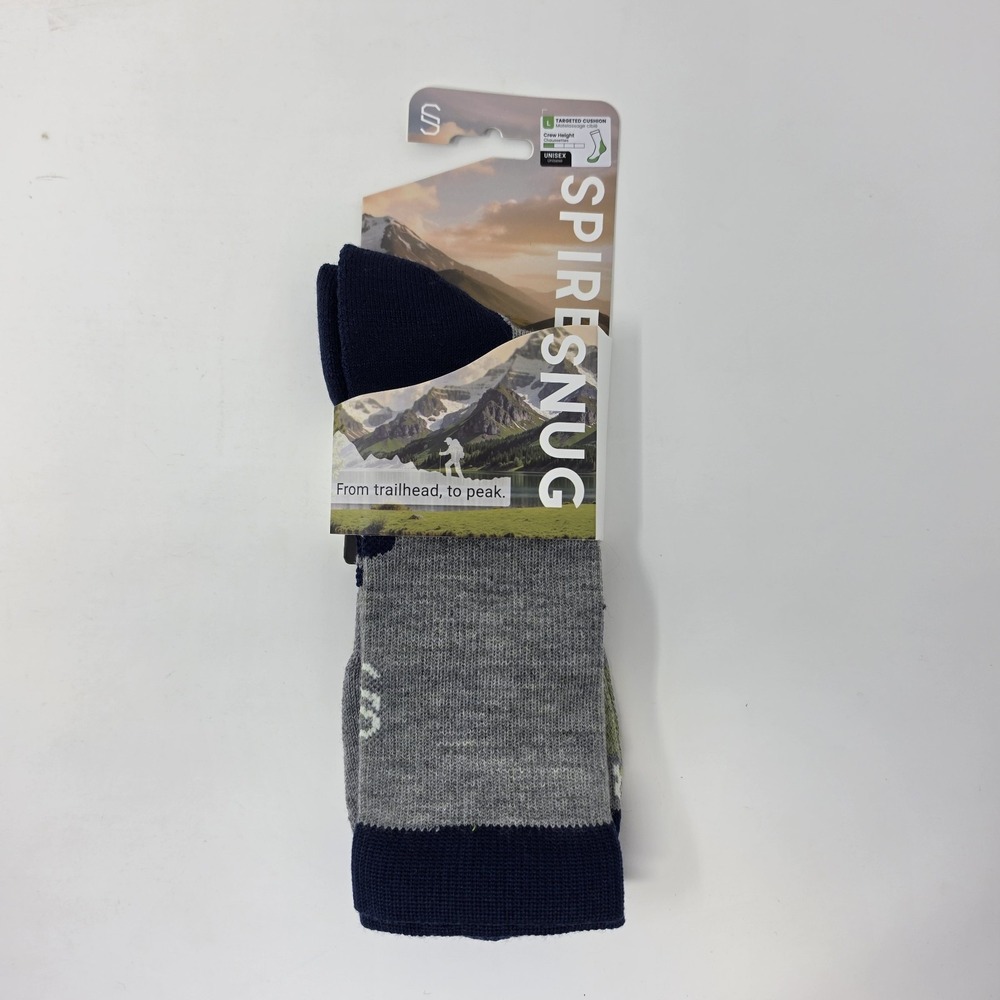 SpireSnug Merino Wool Blend Cushioned Crew Hiking Socks - Gray & Navy Unisex Lg